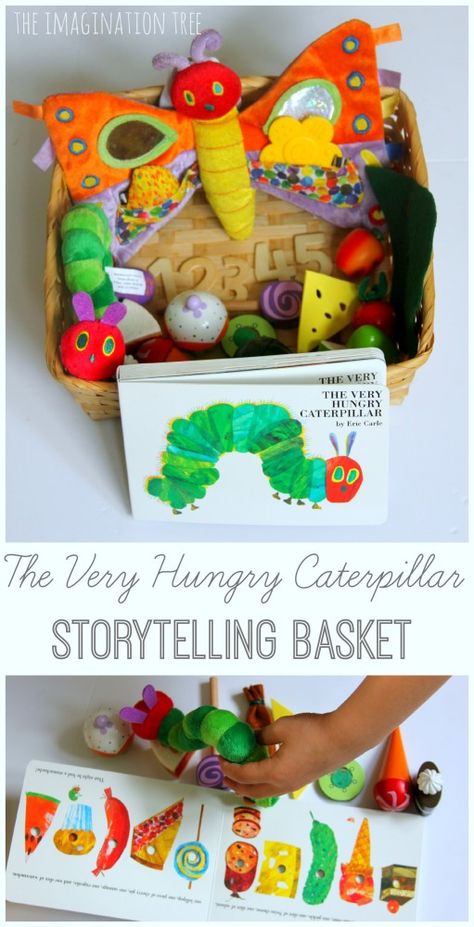 The very hungry caterpillar storytelling basket literacy activity Storytelling Basket, Hungry Caterpillar Activities, Dear Zoo, Activity Preschool, Story Sack, Toddler Teacher, Imagination Tree, Story Activities, Book Baskets