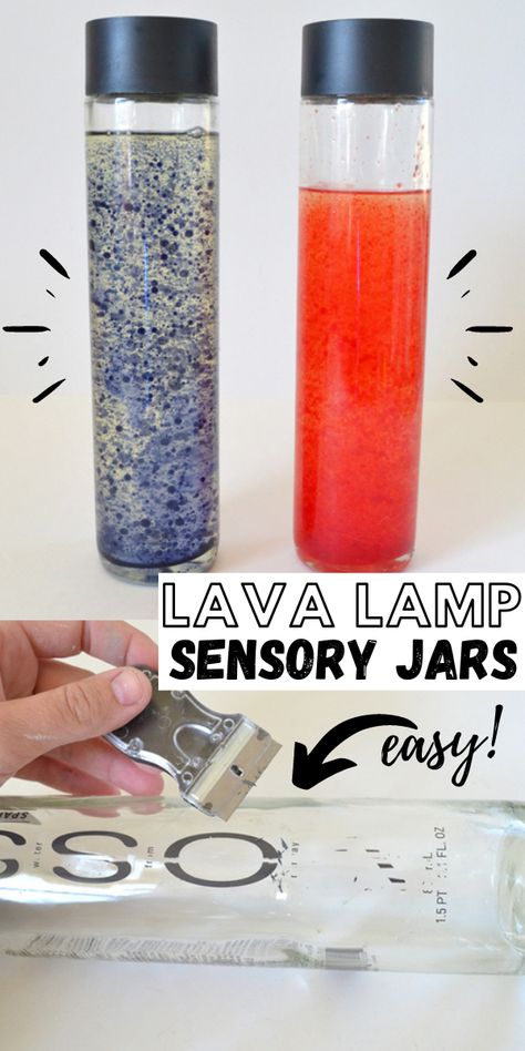 DIY Lava Lamp Sensory Jars Craft Voss Water Bottles Diy Ideas, Voss Glass Water Bottles Diy, Voss Water Bottles Diy, Water Bottle Lava Lamp, Diy Lava Lamp, Voss Water Bottle, Sensory Jars, Lamps Diy, Water Bottle Art