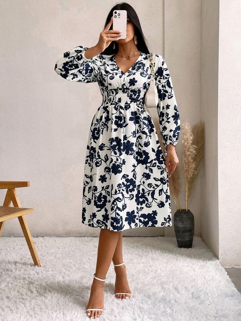 Shirred Waist Dress, Shirred Dress, Lantern Sleeve Dress, Summer Work, Women Long Sleeve Dress, Fabric Floral, Casual Spring, Lantern Sleeve, Lantern Sleeves