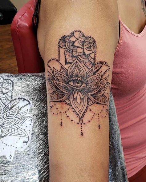 Hands Of Fatima Tattoo, Hamsa With Lotus Tattoo, Hamsa Hand And Lotus Flower Tattoo, Hand Of Fatima Tattoo With Lotus Flower, Hamsa Tattoo Design, Hamsa Hand Tattoo, Tattoo Maker, Tattoos To Cover Scars, Finger Tattoo Designs