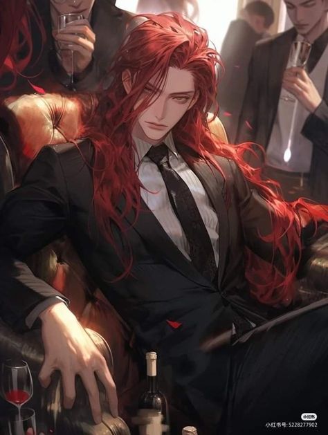 Anime Firefighter Guy, Men With Long Red Hair, Red Haired Man Art, Male Character Long Hair, Red Hair Guy Art, Long Red Hair Men, Red Hair Oc Male, Red Hair Character Art, Red Hair Male Character Art