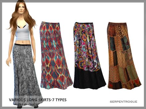 The Sims Resource - Various Long Skirts Indie Skirt, Long Ruffle Skirt, Low Waisted Skirt, Cottagecore Clothes, Sims 4 Game Mods, Hippie Skirts, New Mods, Long Denim Skirt, Sims 4 Cc Packs