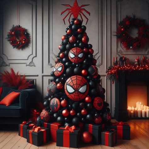 Spider Man Christmas Tree Ideas, Venom Christmas Tree, Marvel Christmas Tree Ideas, Sonic Christmas Tree, Black Panther Christmas Tree Ideas, Marvel Xmas Tree, Character Christmas Tree Ideas, Spider Man Christmas Tree, Spider Man Themed Christmas Tree