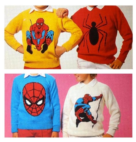 * Instant Download Knitting Pattern PDF - 2998 * Vintage Spiderman Sweaters, 4 Popular Intarsia Designs in Child to Adult Sizes. Motifs are presented in a chart/ graph form. Instructions are given for 6 sizes. TO FIT CHEST 24- 28- 32- 36- 40- 44; (actual sizes 26- 46); Materials required: 2.75mm and Knitting Patterns Boys, Sweaters Vintage, Intarsia Patterns, Jumper Knitting Pattern, Pattern Pictures, Motif Vintage, Vintage Knitting Patterns, Vintage Character, Dk Yarn