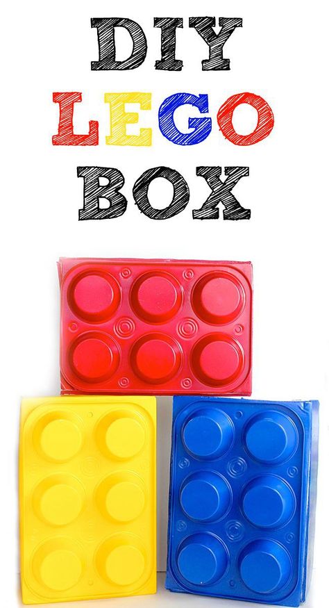 DIY LEGO Box made from dollar store muffin pans and a shoebox! Perfect LEGO party prop! Lego Storage Diy, Lego Party Decorations, Lego Themed Party, Lego Decorations, Lego Boxes, Big Lego, Diy Lego, Lego Diy, Kids Themed Birthday Parties