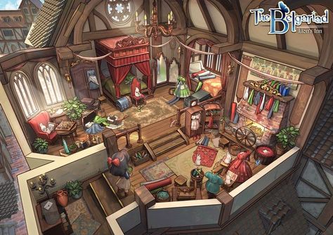 Fantasy Inn Interior, Fantasy Inn, Feng Zhu Design, Feng Zhu, Building Concept, Pixel Art Design, Cute Room Ideas, Fantasy City, D&d Dungeons And Dragons