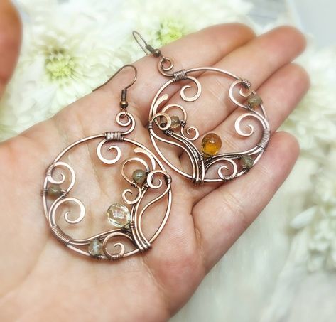 Wire Wrapped Earrings Tutorial, Oxidised Copper, Handmade Copper Jewelry, Unique Beaded Jewelry, Wire Jewelry Patterns, Flower Hoop Earrings, Diy Jewelry Rings, Yellow Agate, Copper Jewellery