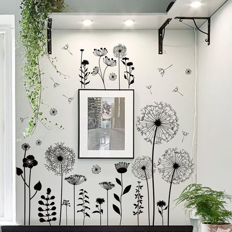 Dandelion Wall Decal, Wall Sticker Design, Living Wall Decor, Wall Stickers 3d, Flower Wall Decals, Flower Wall Stickers, Wall Stickers Home Decor, Black Pvc, Wall Stickers Living Room