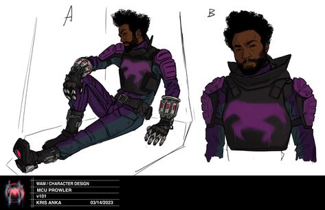 kris anka on Twitter: "“We have a Prowler” One of the more fun surprising assignments was getting to lay down some first pass designs for the #DonaldGlover #Prowler I looked at racing suits and riot gear to try to translate the prowler design into real life #AcrossTheSpiderverse https://t.co/Hvp5K68Ar3" / Twitter Spiderverse Art, Kris Anka, The Prowler, Batman Concept, Comic Boards, Armor Clothing, Donald Glover, Racing Suit, Black Characters