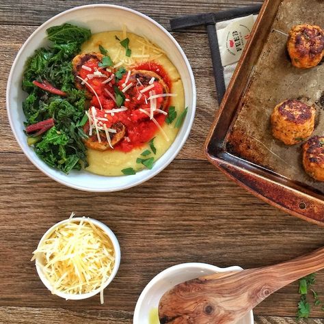 Zesty Chicken Meatballs with Creamy Polenta and Sautéed Mixed Greens Polenta Bowls, Zesty Chicken, Chicken Meatball, Creamy Polenta, Chicken Meatballs, Ground Chicken, Spaghetti Sauce, Mixed Greens, Polenta