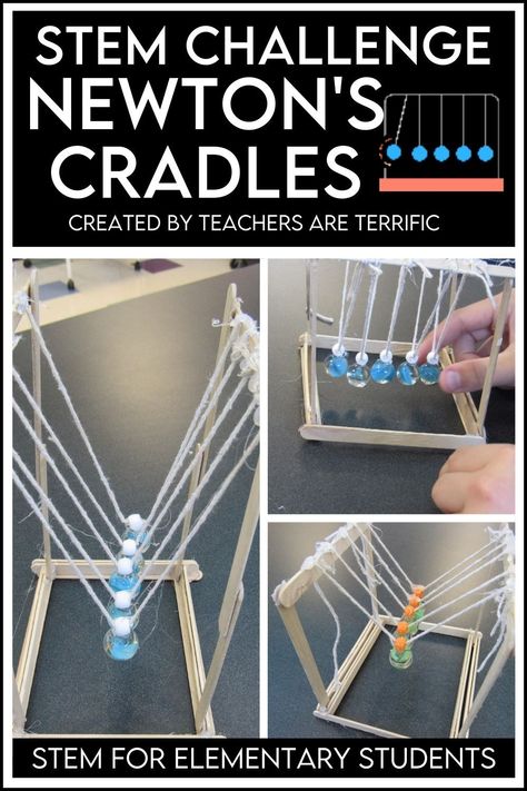 STEM Challenge- students use materials to design a working model of Newton’s 3rd Law of Motion- the Newton’s Cradle. This STEM Challenge is designed for upper elementary or middle school students. 3rd Law Of Motion, Stem Challenges Elementary, Elementary Stem, Newton's Cradle, Stem Classes, Stem Elementary, Newtons Laws, Engineering Activities, Engineering Design Process