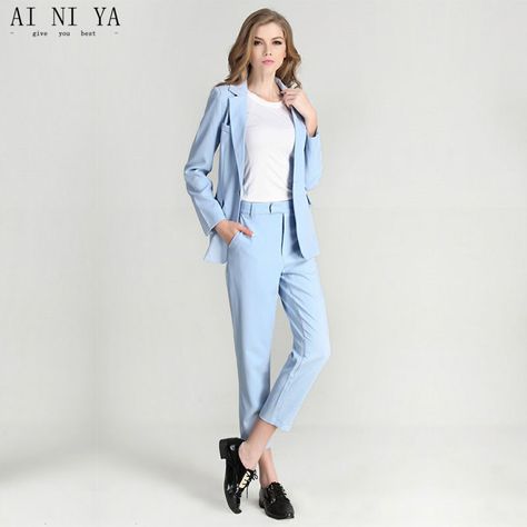 Find More Pant Suits Information about Women Pant Suits Light Sky Blue Women Ladies Formal Suits Tailored Business Office Work Wear Formal Suits Female Trouser Suits,High Quality pant suits,China trouser suit Suppliers, Cheap women's business pant suits from AI NI YA Suits Store on Aliexpress.com Blue Formal Pants Women, Formal Suit Women, Women Pant Suits, Womens Business Pants, Casual Leather Jacket Outfit, Formal Suits For Women, Formal Pants Women, Winter Mode Outfits, Light Blue Suit