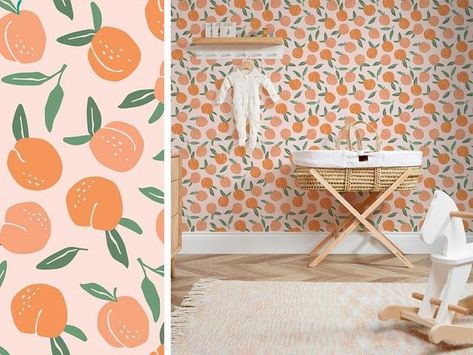 British Academy of Interior Design | Blog | Embracing Peach Fuzz: The Interior Design Colour of the Year Peach Wallpaper Bedroom, Fruit Themed Room, Peach Baby Room, Fruit Nursery Theme, Fruit Themed Nursery, Citrus Nursery, Peaches Wallpaper, Fruit Nursery, Pink And Green Nursery