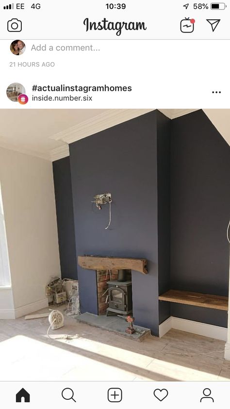 Dark Gray Fireplace Wall, Black Chimney Breast, Dark Chimney Feature Wall, Dark Blue Lounge, Terrace House Interior, Oak Fire Surround, Fireplace Feature, Log Burner Living Room, Grey Fireplace