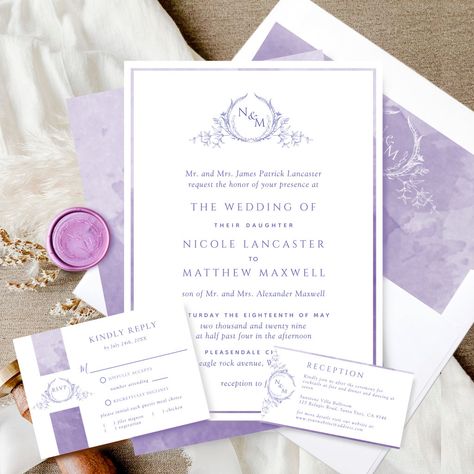 Lilac Wedding Themes, Wedding Invitation Elegant, Lavender Watercolor, Envelope Liners Wedding, Watercolor Wedding Invitation, Elegant Monogram, Monogram Wedding Invitations, Formal Wedding Invitations, Purple Wedding Invitations