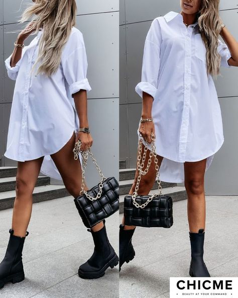 Loose Shirt Dress, Outfit Denim, Sassy Shirts, Women White Blouse, Short Shirt, Loose Fit Shirts, Button Down Shirt Dress, Mini Short, Dress Shirts For Women