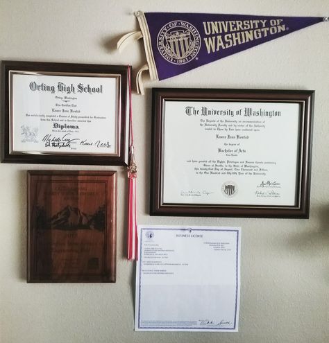 My achievement wall, diploma/degree display in my home office. Office Diploma Wall, Framed Degree In Office, Home Office Degree Display, Achievement Wall Display Ideas Office, Home Office Diploma Display, Displaying Diplomas In Office, Diploma Gallery Wall, Degree On Wall, Office Degree Display