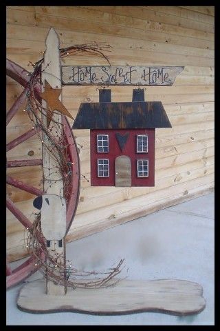 Primitive Wood Crafts | Primitive Wood Craft Pattern "Lighted Home Sweet Home ... | PRIMITIVES Primitive Wood Crafts Patterns, Wood Craft Pattern, Primitive Wood Crafts, Wooden Snowmen, Wood Craft Patterns, Saltbox Houses, Porch Posts, Wood Projects For Beginners, Primitive Homes