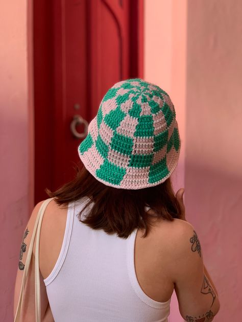 Opal green and pale pink checkered crochet bucket hat. Made with 100% cotton and made to order, message me on instagram @meganfaithmakes Checkered Bucket Hat Crochet, Checkered Bucket Hat, Bucket Hat Crochet Pattern, Checkered Crochet, Bucket Hat Crochet, Pink Checkered, Hat Crochet Pattern, Crochet Bucket, Crochet Bucket Hat