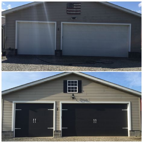 Before and After garage doors. Painted the garage doors black. Spray painted black carriage door hardware white. Hardware from home depot. Fowin faux window from addingcurbappeal.com. Made the shutters from 1x4. Love the results! Tan House Black Garage Door, Gray House Black Garage Door, Black Carriage, Black Garage Door, Black Garage Doors, Paint Doors, Garage Door Colors, Garage Door Paint, Black Garage