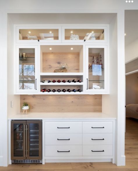 Wet Bar Organization, Modern Farmhouse Wine Bar, Cabinets.com Kitchens, Wet Bar In Pantry, Storage Rack For Pantry, Bar Built Into Kitchen, Living Room Beverage Center, Glass Door Coffee Station, Extra Wall Space Living Room