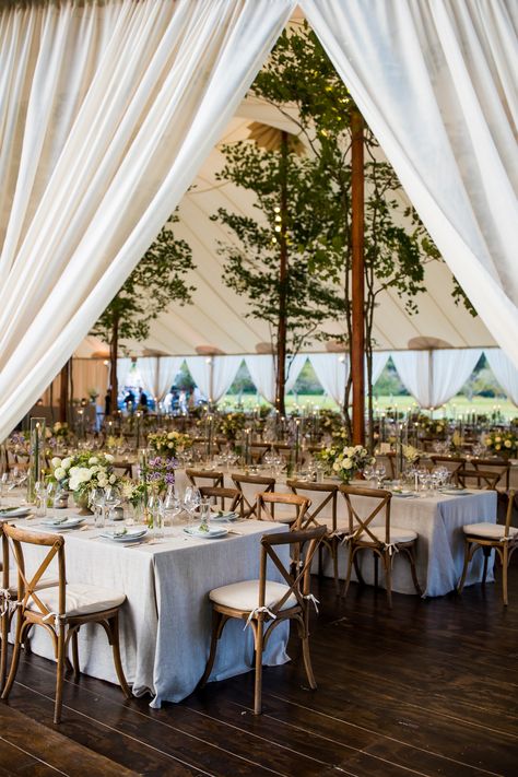 A peak inside the tent of an outdoor Connecticut wedding where small trees were attached to the tent poles so guests would feel as though they were dining under s canopy of leaves. Event design and floral by KD&J Botanica. Photo by Sarah Bastille. #weddingday #weddingtent #weddingflowers Temporary Shed, Marquee Wedding Decoration, Marquee Decoration, Outdoor Tent Wedding, Tent Wedding Reception, Canopy Tent Outdoor, Wedding Canopy, Outdoor Canopy, Tent Decorations