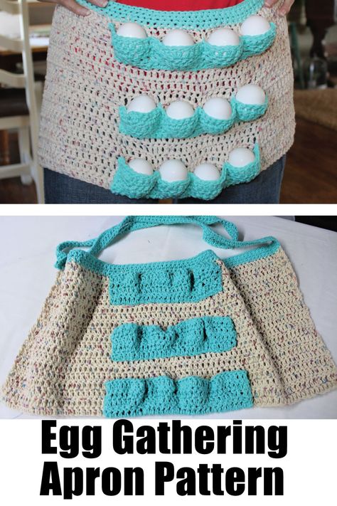 Gathering Eggs from Chickens never looked so good!! We love this egg apron crochet pattern, great way to gather eggs from chickens. #diyonthehouse Crochet Chicken Egg Apron, Egg Apron Crochet Pattern Free, Crochet Egg Apron Free Pattern, Acrylic Crochet Projects, Crochet Egg Apron, Crochet Egg Holder, Apron Crochet, Farm Crochet, Crochet Apron