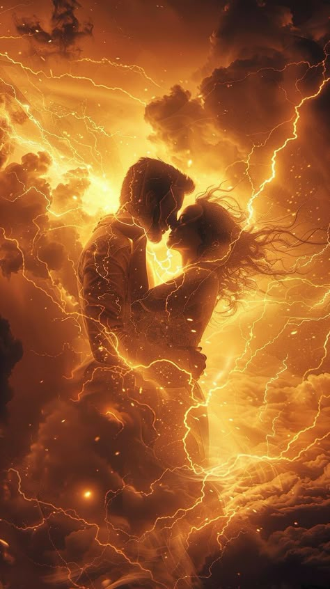 Twin Flame Art Couple, Lightning And Fire, Soulmates Art, Twin Flame Art, Infinite Art, Electric Love, Sacred Union, Flaming Heart, Cosmic Love