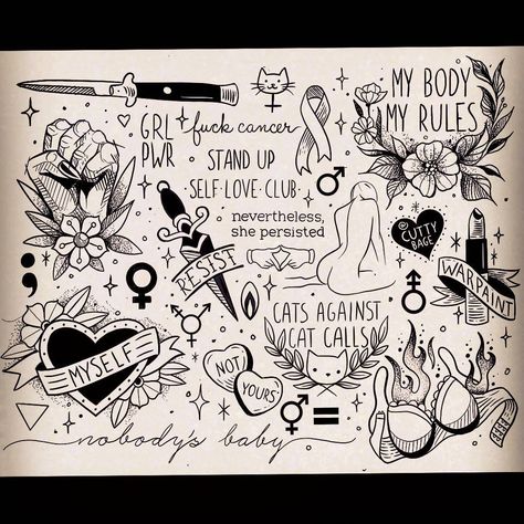 Tattoo Style Art, Feminist Tattoo, Tattoo Flash Sheet, Art Tumblr, Desenho Tattoo, Aesthetic Tattoo, Tattoo Flash Art, Flash Art, Tattoo Flash