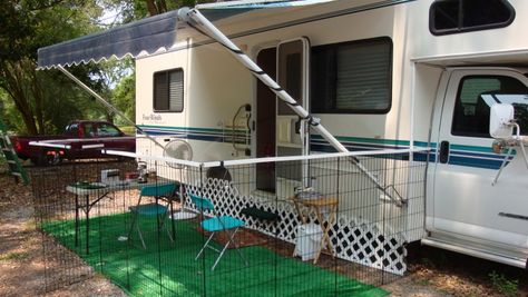 pop up camper storage ideas | Michele Fry's Agility Dogs - Training and Competition: RV Improvements ... Rv Shelving, Rv Patio Ideas, Rv Dog, Astuces Camping-car, Rv Patio, Fence Yard, Agility Training For Dogs, Rv Organization, Dog Yard