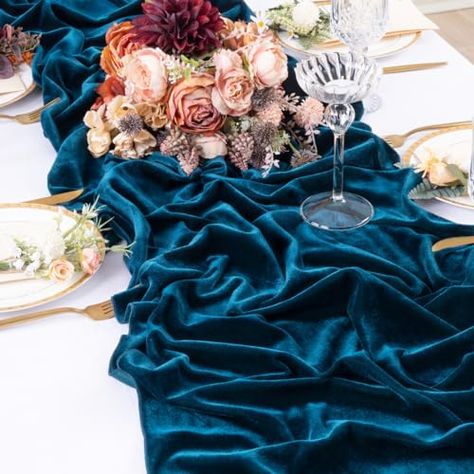 Blue Velvet Table Runner, Gold Thanksgiving Table, Peacock Wedding Decorations, Birthday Table Decor, Velvet Runner, Velvet Table Runner, Blue Table Settings, Velvet Table, Peacock Christmas