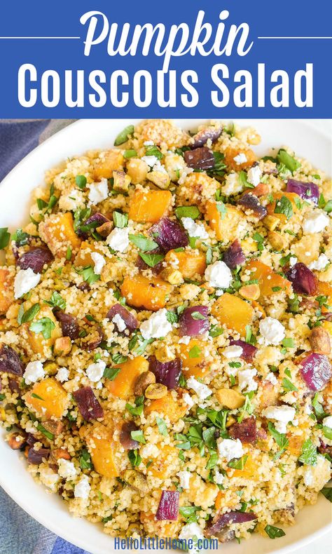 Looking for Savory Pumpkin Recipes? You’ll love this Pumpkin Couscous! Learn how to make the BEST Pumpkin Couscous Salad using simple, healthy ingredients: fresh pumpkin, onions, couscous, warm spices, fresh parsley and mint, feta, pistachios, and lemon dressing. This Roasted Pumpkin and Couscous Salad is so easy to make and features delicious Moroccan inspired flavors. Can be eaten warm or cold ... great make ahead Vegetarian Couscous Recipe or Vegan if you skip the feta! | Hello Little Home Pumpkin Couscous Salad, Pumpkin Couscous, Veggie Recipes Breakfast, Vegetarian Couscous, Feta Couscous, Pumpkin And Feta Salad, Salad Easy Recipe, Pumpkin Feta, Pumpkin Salad