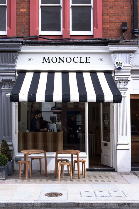 Black and White Monocle Cafe, Cafe Exterior, Cafe Black, Cafe Shop Design, White Canopy, Coffee Shop Design, Shop Fronts, Cafe Interior Design, Cafe Shop