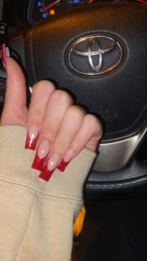 Short French Tip Acrylic Nails Square Sparkle, Red Silver And White Nails, Pink Base Red French Tip, Red French Tip Nails Medium Length, Red Sparkle Acrylic Nails, Glittery Red Nails Acrylic, Red Nails Acrylic Sparkle, Medium Square Acrylic Nails Designs Red, Red Nail Inspo Acrylic Square