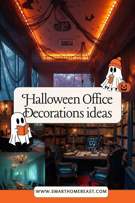 An image showcasing a variety of spooky Halloween office decorations, featuring eerie break rooms, haunted conference rooms, and chilling desk setups to inspire a hauntingly stylish workspace. Halloween Office Decorations, Office Decorations Ideas, Halloween Setup, Office Halloween Decorations, Halloween Office, Desk Setups, Office Decorations, Office Inspo, Setup Ideas