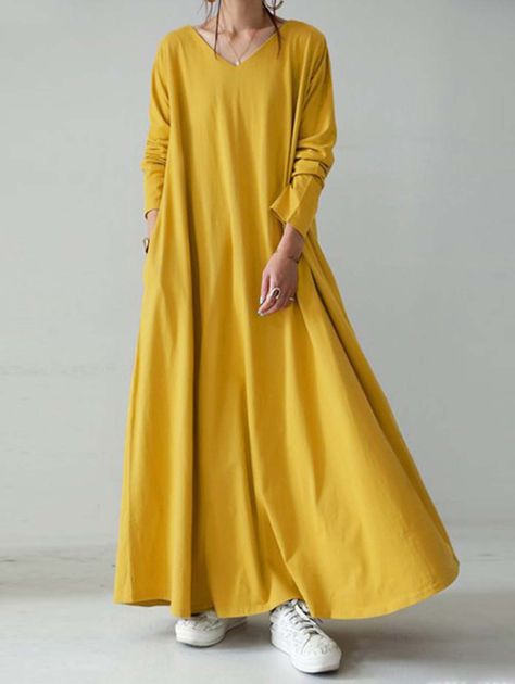 Long Sleeve Maxi Dress Casual, Vacation Wedding, Solid Maxi Dress, Pocket Maxi Dress, Cozy Dress, Bridesmaid Party, Loose Long Sleeve, Plain Dress, Wedding Beach