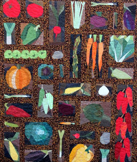 https://flic.kr/p/kWok7F | Vegetable quilt front view | Blogged… Vegetable Quilt, Veggie Art, Crumb Quilt, Applique Art, Farm Quilt, Abstract Quilt, Garden Quilt, Contemporary Quilts, Wall Quilts