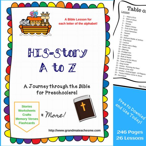 Teach your 3-5 year old Bible stories with these Free Preschool Alphabet Bible Lessons. This Bible lesson eBook includes 26 lessons covering topics A to Z. Each lesson has a story, coloring page, alphabet page, and quiz sheet. Bible Lessons For Preschoolers, Lessons For Preschoolers, Christian Alphabet, Christian Preschool Printables, Abc Preschool, Toddler Bible, Christian Preschool, Oldest Bible, Preschool Alphabet