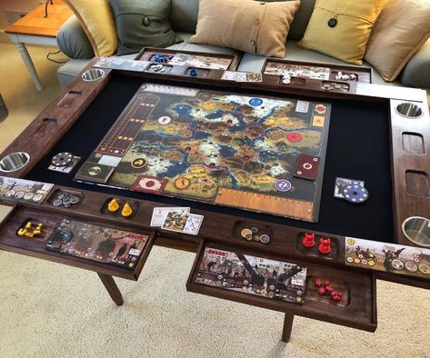 Table For Board Games, Board Game Table Ideas, Board Game Coffee Table, Dnd Table Diy, D&d Table, Board Game Room Design, Board Game Room Ideas, Diy Board Game Table, Board Game Shelves