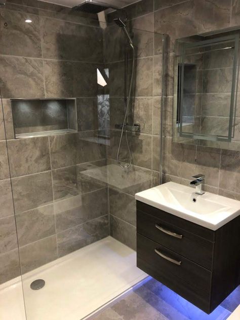 Dark Grey Bathroom Tiles Walls, Dark Gray Marble Bathroom, Dark Grey Bathroom Tiles, Bathroom Dark Grey Tiles, Dark Grey Bathroom Units, Shower Units, Chrome Bathroom, Corner Bathtub, Bathroom Interior Design