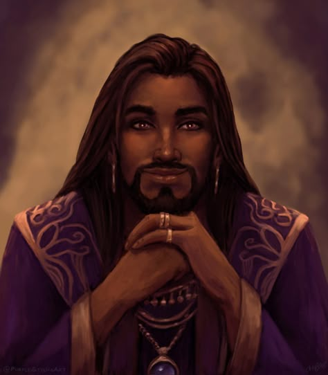 Title: High Wizard of the Sultan's Court. Name: Qahmet Al-Faheem. Nationality: Mahdqadani (Sahashani). Birth-nation: Mahdqadan (Kuaara province). Age: 38. Role: Magical advisor and Court Wizard. Personality: Affable, Open, Well-read, and Caring. The Gilmore, Black Characters, Afro Art, Arte Fantasy, Fantasy Inspiration, Medieval Fantasy, Dnd Characters, Character Portraits, Marvel Cinematic