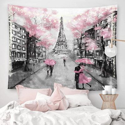 Design: Oil painting Theme, Paris Eiffel tower love couple pattern, gorgeous style, pink and gray. Cute and vintage. Size: 51" H x 59" W | East Urban Home Poleyeater Tapestry, Size 51" H x 59" W | Wayfair Paris Themed Bedroom, Paris Rooms, Wall Hanging Living Room, Paris Bedroom, France Eiffel Tower, France City, Paris Tour, Paris Decor, Beautiful Paris