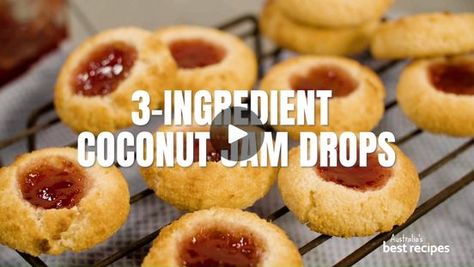 You're only 3-ingredients away from these coconut jam drops! Get the recipe: https://www.bestrecipes.com.au/recipes/3-ingredient-coconut-jam-drops-recipe/w0wshvus | By Best RecipesFacebook Jam Drops Recipe Easy, Coconut Jam Drops, Coconut Drops Recipe, Jam Drops Recipe, Jam Drops, Coconut Jam, Coconut Jelly, Coconut Slice, Trini Food