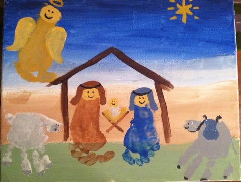 Hand and Footprint Nativity Scene Footprint Crafts, Footprint Art, Handprint Crafts, Preschool Christmas, Easy Christmas Crafts, Handprint Art, Birth Of Jesus, Diy Christmas Cards, Christmas Nativity