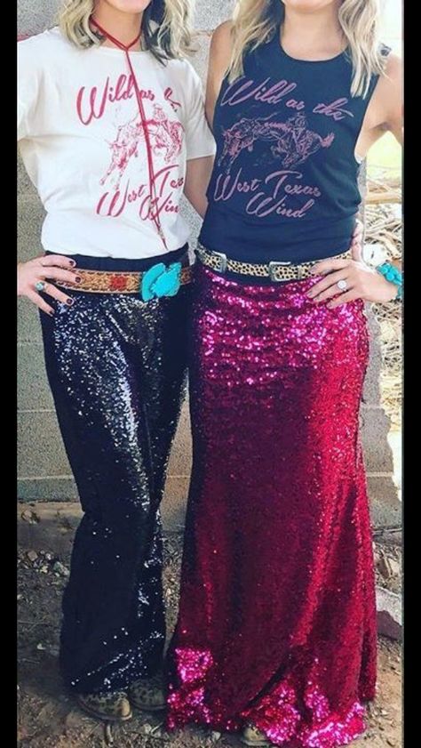 What to wear with sequin skirt Cattle Barons Ball Outfit, Sequin Maxi Skirt, Sequin Skirts, Nfr Outfits, Cowgirl Couture, Nfr Fashion, Rodeo Outfits, Diy Vetement, Bolo Ties