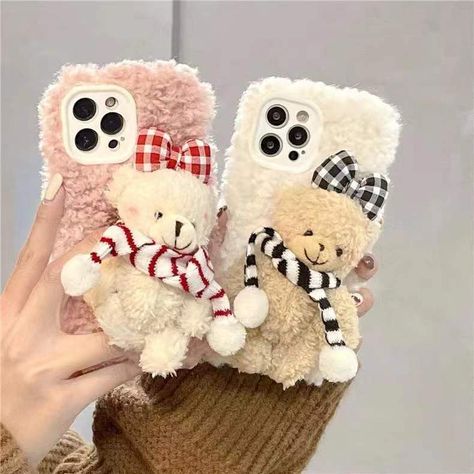 Scarf Bear Fuzzy Phone Case Fuzzy Phone Case, Isi Pakistan, Teddy Bear Phone Case, Fluffy Phone Cases, Bear Phone Case, Kawaii Store, Kawaii Phone, Soft Grunge Aesthetic, Doll Aesthetic