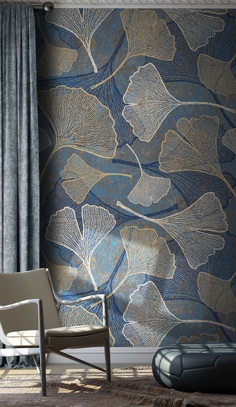 Modern Retro Plant Ginkgo Leaf Wallpaper Pattern Wall Mural | Etsy Wallpaper Bedroom Feature Wall, Hall Wallpaper, Wall Painting Techniques, Wallpaper For Wall, Removable Wall Murals, Interior Wall Design, Stick On Wallpaper, Wallpaper Peel And Stick, Ginkgo Leaf