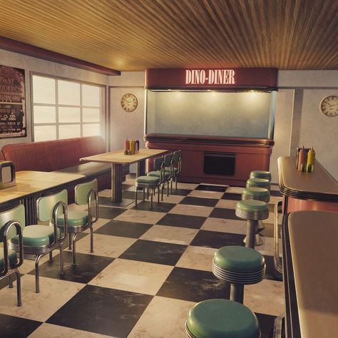 Retro Diner Interior #Blender #substancepainter #3d Retro Seating Area, Retro Diner Interior, Retro Diner Exterior, Diner Interior Design, Retro Diner Aesthetic, 70s Diner, 80s Diner, Diner Interior, Old Diner