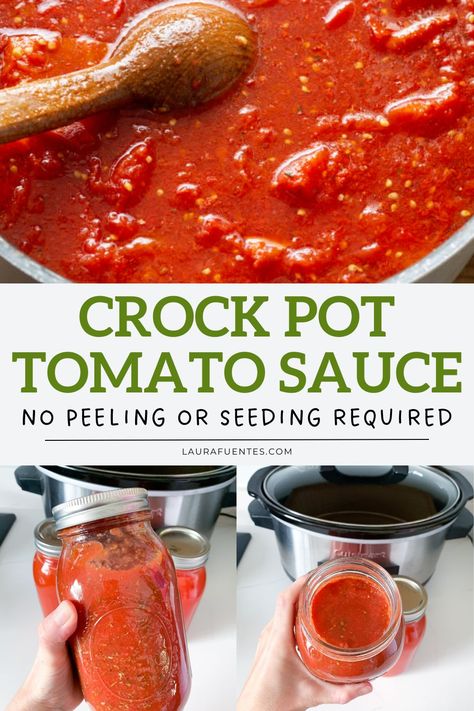 A crockpot with tomato sauce and a mason jar filled with homemade tomato sauce as final picture Slow Cooker Pasta Sauce Fresh Tomatoes, Crock Pot Fresh Tomato Sauce, Slow Cooker Pizza Sauce, Slow Cooker Tomato Sauce Fresh Tomatoes, Slow Cooker Fresh Tomato Sauce, Slow Cooker Spaghetti Sauce Fresh Tomatoes, How To Peel Tomatoes, Tomato Sauce Recipe, Easy Slow Cooker