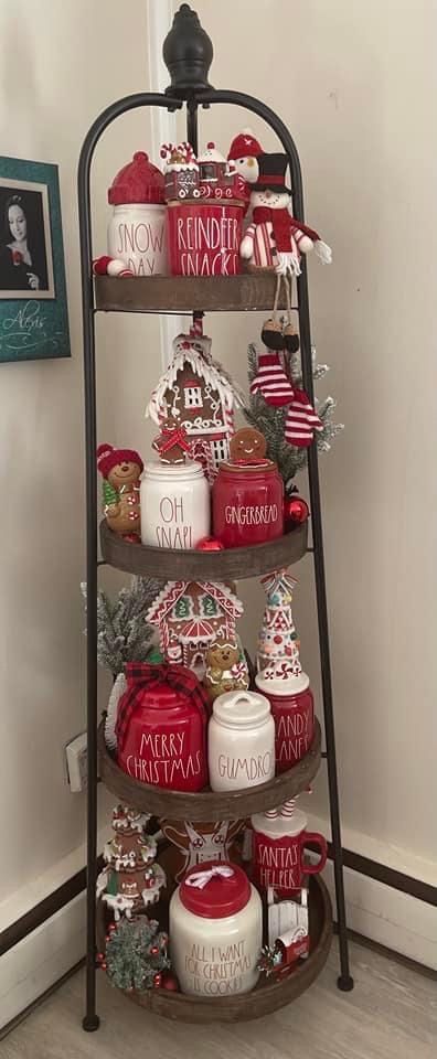 4 Tier Shelf Christmas Decor, Rae Dunn Gingerbread Display, Corner Shelf Christmas Decor, Hobby Lobby Tiered Shelf Decor, 3 Tier Stand Decor Christmas, Hobby Lobby Christmas 2022, Hobby Lobby Christmas Decor Ideas, Gingerbread Kitchen Decor, Hobby Lobby Shelf Decor